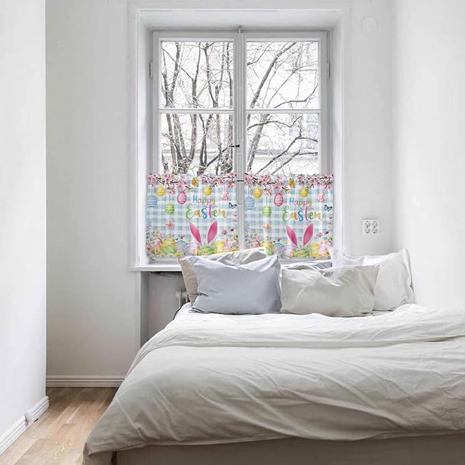 Happy Easter Half Window Curtain 36 Inches Long, Spring Watercolor Bunny Eggs Flower Blue Plaid Window Treatment Curtain Drapes, Small Tier Curtains for Bathroom Over Sink, 27.5"x36", 2 Panels