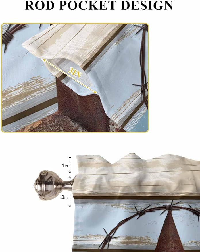 Vintage Western Star on Wood Grain Window Valance Curtains, Retro Wooden Texture Light Filtering Kitchen Valance with 3-inch Rod Pocket for Living Room Bathroom Bedroom,2 Panel,52x72In