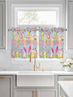 Colorful Easter Half Window Curtain 36 Inches Long, Spring Watercolor Bunny Egg Flower Wood Grain Window Treatment Curtain Drapes, Small Tier Curtains for Bathroom Over Sink, 27.5"x36", 2 Panels