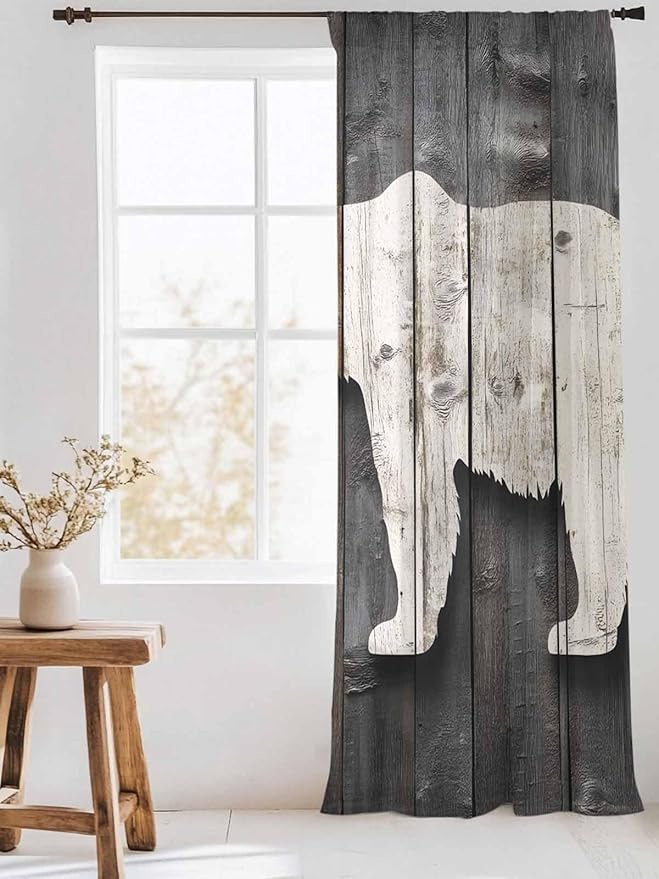 Sheer Curtains 84 Inches Long, Vintage White Brown Bear Semi Sheer Curtains Light Filtering Window Treatment, Retro Country Rustic Wood Grain Privacy Voile Drapes for Living Room Bedroom 52x84 Inch