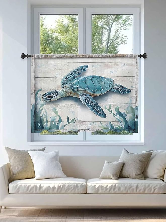 Sheer Curtains 45 Inch Length, Teal Green Sea Turtle Semi Sheer Curtains Light Filtering Window Treatment, Summer Ocean Seaweed Wood Grain Privacy Voile Drapes for Living Room Bedroom 52x45 Inch