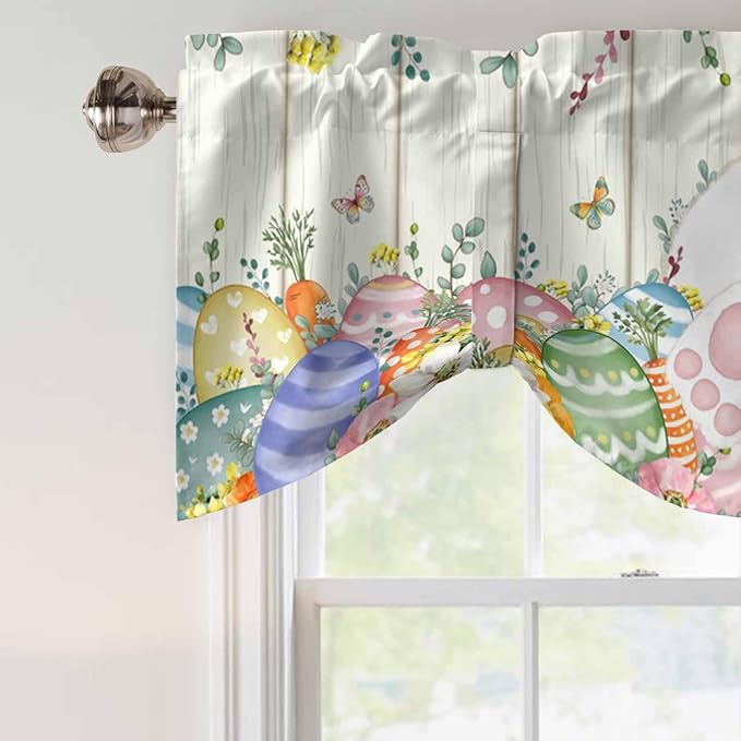 Easter Tie Up Valance Curtains for Windows, Kitchen Curtains Window Shades, Spring Rabbit Ears Foot Colorful Eggs Leaf Floral Light Filtering Roman Curtain Valances for Bedroom/Bathroom/Cafe 42"x12"