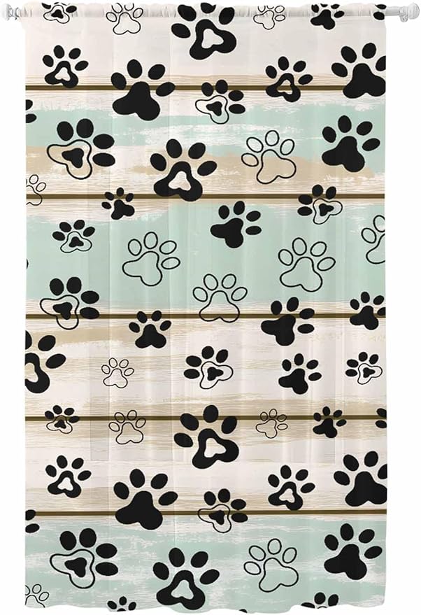 Sheer Curtains 96 Inches Long, Sage Green Beige Farmhouse Semi Sheer Curtains Light Filtering Window Treatment, Black Dog Paw Vintage Wooden Privacy Voile Drapes for Living Room Bedroom 52x96 Inch