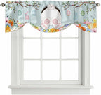 Easter Bunny Tie Up Valance Curtains for Windows, Kitchen Curtains Window Shades, Easter Eggs Spring Farmhouse Wood Grain Teal Blue Light Filtering Curtain Valances for Bedroom/Bathroom/Cafe 42"x18"