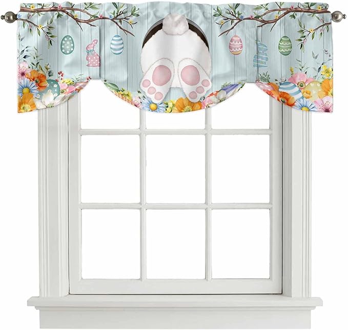 Easter Bunny Tie Up Valance Curtains for Windows, Kitchen Curtains Window Shades, Easter Eggs Spring Farmhouse Wood Grain Teal Blue Light Filtering Curtain Valances for Bedroom/Bathroom/Cafe 60"x18"