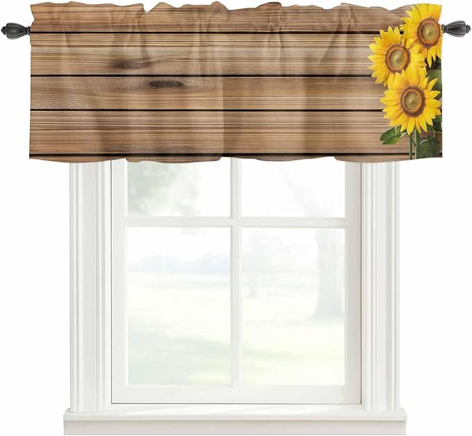 Kitchen Valances for Window, Farm Sunflower on Vintage Wood Grain Light Filtering Rod Pocket Valance Curtain, Spring Country Plant Short Curtains Window Topper for Bedroom Living Room 54x18in