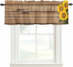 Kitchen Valances for Window, Farm Sunflower on Vintage Wood Grain Light Filtering Rod Pocket Valance Curtain, Spring Country Plant Short Curtains Window Topper for Bedroom Living Room 54x18in