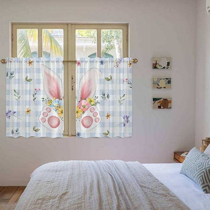 Easter Kitchen Curtains 54 Inch Long 2 Panel Set, Rod Pocket Window Curtains Panels, Spring Rabbits Ears Feet Floral Blue Lattice Light Filtering Privacy Draperies for Bedroom Laundry 42"W x 54"L