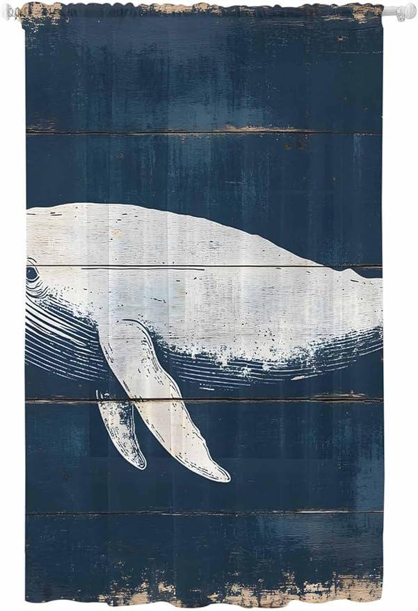 Sheer Curtains 96 Inches Long, Ocean Whale Blue Semi Sheer Curtains Light Filtering Window Treatment, Watercolor Coastal Vintage Wood Grain Privacy Voile Drapes for Living Room Bedroom 52x96 Inch