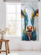 Sheer Curtains 63 Inch Length, Rustic Cow Semi Sheer Curtains Light Filtering Window Treatment, Vintage Colorful Animals Art Wooden Grain Privacy Voile Drapes for Living Room Bedroom 52x63 Inch
