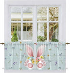 Easter Kitchen Tier Curtains 24 Inch Long 2 Panel Set,Rod Pocket Cafe Small Window Curtains Over Sink,Spring Rabbits Ears Feet Flowers Wooden Grain Light Filtering Short Drapes 27.5"W x 24"L