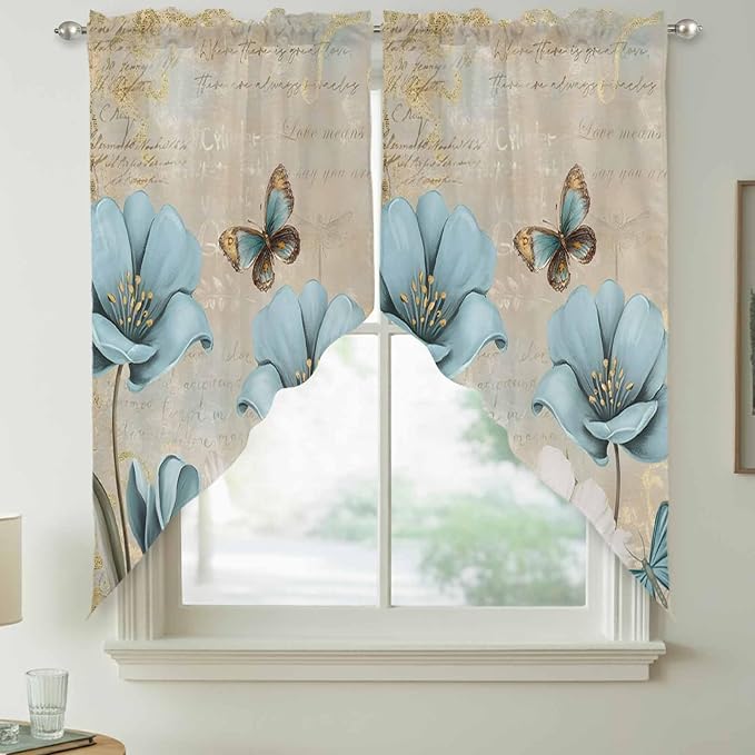 Spring Flowers Swag Valances for Windows, Vintage Rustic Tulips Floral Butterfly Khaki Rod Pocket Kitchen Curtains Valance, Kitchen Window Curtains Swag for Cafe Living Room, 2 Panels, 36x63 inch