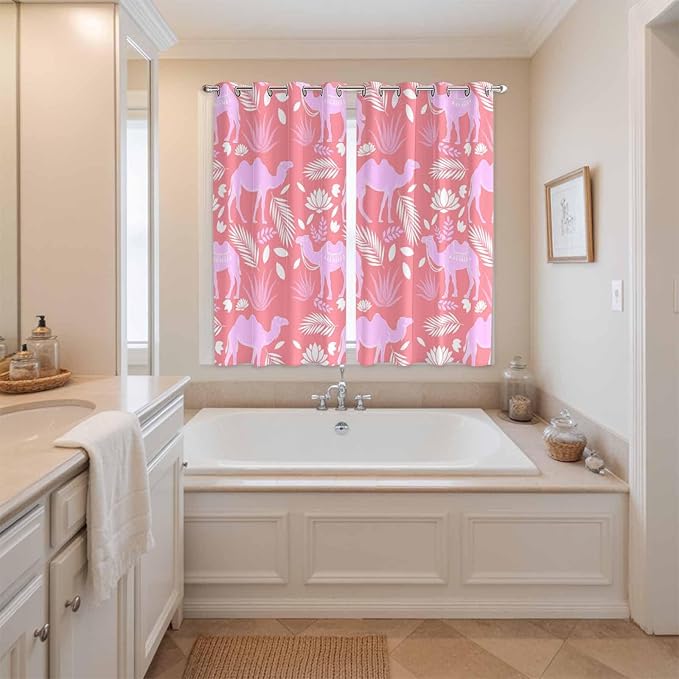 2 Panel Kitchen Cafe Curtains, Desert Camel Sunlight Filtering Nature Air Through, Home Decor Window Covering Tier Curtains for Living Room 80W x 63L inch Vintage Sand Camel Leaves Flower Pattern Pink