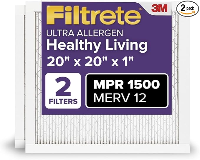 Filtrete 20x20x1 AC Furnace Air Filter, MERV 12, MPR 1500, CERTIFIED asthma & allergy friendly, 3 Month Pleated 1-Inch Electrostatic Air Cleaning Filter, 2-Pack (Actual Size 19.69x19.69x0.78 in)