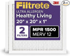 Filtrete 20x20x1 AC Furnace Air Filter, MERV 12, MPR 1500, CERTIFIED asthma & allergy friendly, 3 Month Pleated 1-Inch Electrostatic Air Cleaning Filter, 2-Pack (Actual Size 19.69x19.69x0.78 in)