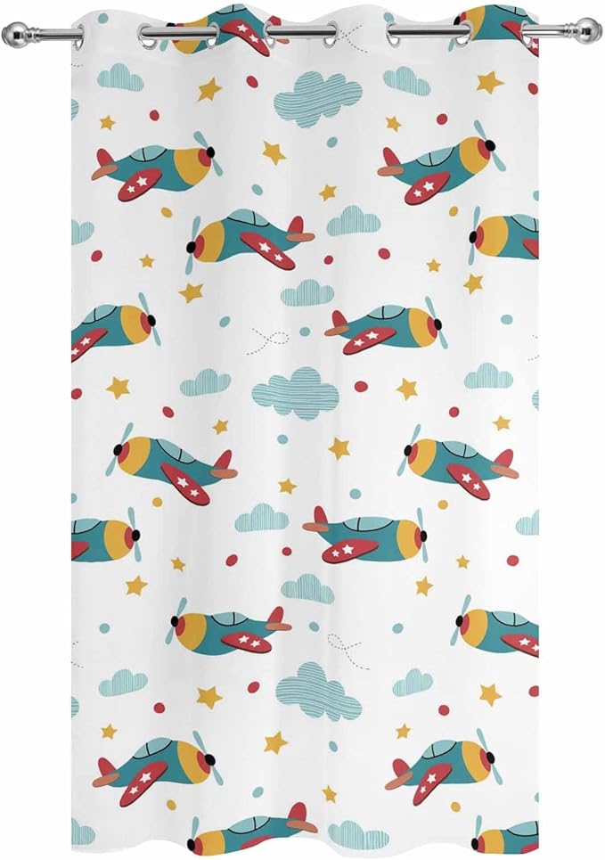 Turquoise Airplane Waterproof Outdoor Curtains for Patio, Windproof Weatherproof Curtains with Weighted Hem, Modern Art Cartoon Aircraft Clouds Light Filtering Privacy Drapes for Porch 54"x 95"