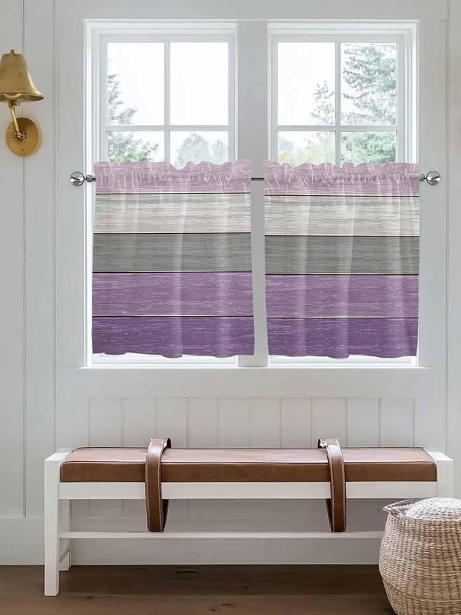 Country Wood Board Gray Purple Window Valance Curtains, Farmhouse Gradient Plank Light Filtering Kitchen Valance with 3-inch Rod Pocket for Living Room Bathroom Bedroom,2 Panel,27.5x24In