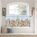 Easter Kitchen Tier Curtains 36 Inch Long 2 Panel Set,Rod Pocket Half Window Curtains Over Sink,Spring Bunny Colorful Eggs Tulip Flowers Blue Check Light Filtering Short Drapes Cafe 27.5"W x 36"L