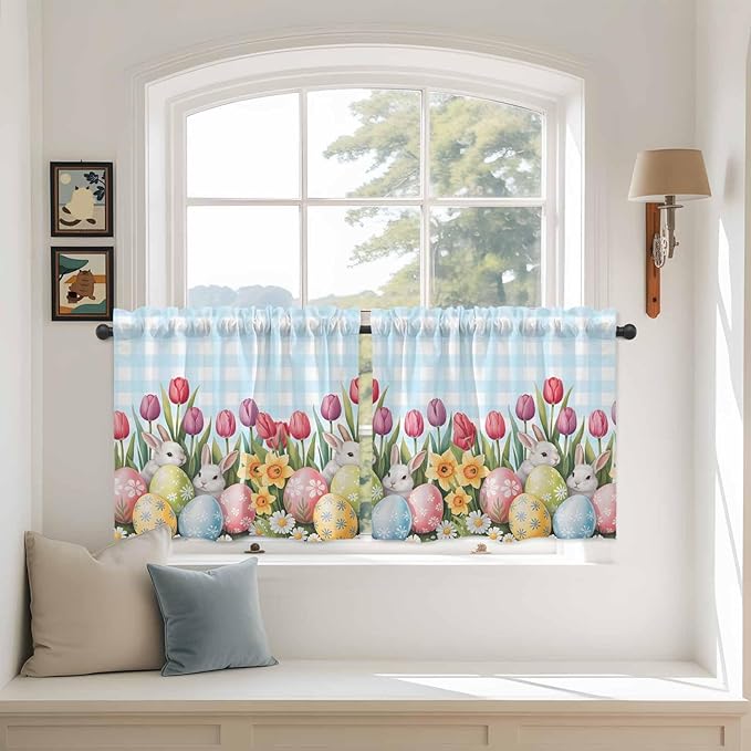 Easter Kitchen Tier Curtains 36 Inch Long 2 Panel Set,Rod Pocket Half Window Curtains Over Sink,Spring Bunny Colorful Eggs Tulip Flowers Blue Check Light Filtering Short Drapes Cafe 27.5"W x 36"L