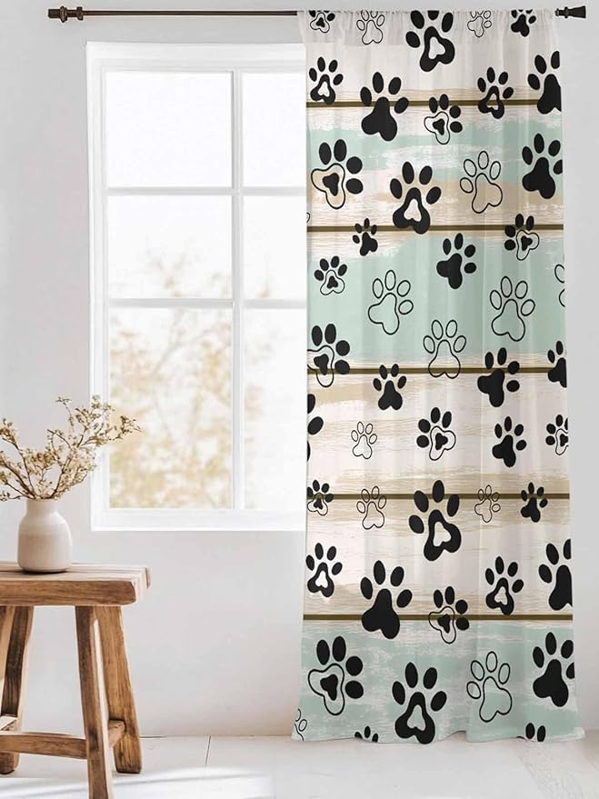 Sheer Curtains 96 Inches Long, Sage Green Beige Farmhouse Semi Sheer Curtains Light Filtering Window Treatment, Black Dog Paw Vintage Wooden Privacy Voile Drapes for Living Room Bedroom 52x96 Inch