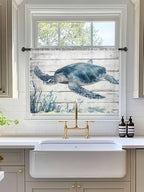 Sheer Curtains 45 Inch Length, Ocean Sea Turtle Semi Sheer Curtains Light Filtering Window Treatment, Coastal Seaweed Vintage Wood Grain Privacy Voile Drapes for Living Room Bedroom 52x45 Inch