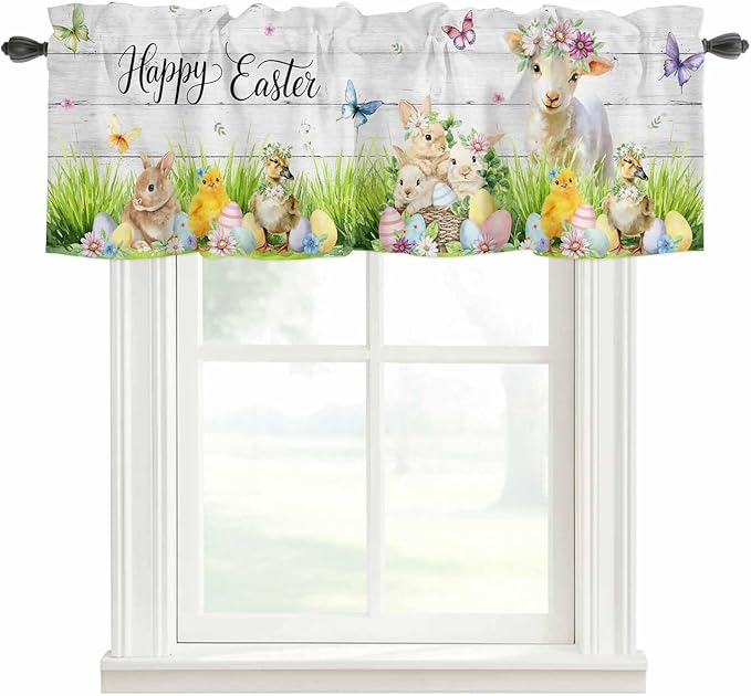 Easter Curtain Valances for Windows, Kitchen Valance Window Treatment, Spring Sheep Bunny Duck Plants Wooden Grain Light Filtering Block Curtains for Bathroom/Bedroom/Living Room 42'' x 12''