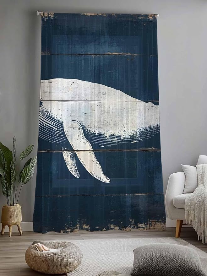 Sheer Curtains 96 Inches Long, Ocean Whale Blue Semi Sheer Curtains Light Filtering Window Treatment, Watercolor Coastal Vintage Wood Grain Privacy Voile Drapes for Living Room Bedroom 52x96 Inch