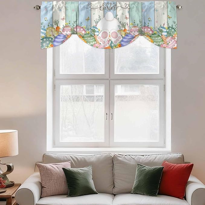 Easter Tie Up Valance Curtains for Windows, Kitchen Curtains Window Shades, Spring Rabbit Ears Foot Flowers Eggs Green Wooden Light Filtering Roman Curtain Valances for Bedroom/Bathroom/Cafe 42"x12"