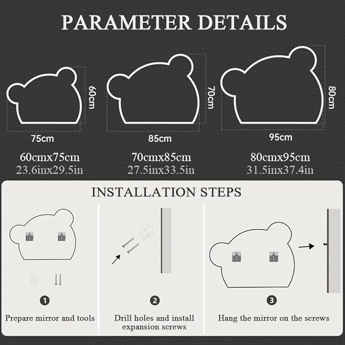 LTSRLL LED Vanity Mirror Cute Bear Decorative Mirror for Bathroom & Dressing Tabler Backlight Wall Mirror with 3 Color Dimmable Light Demister Pad Human Body Sensor Switch(Cut Down,60cmx75cm)