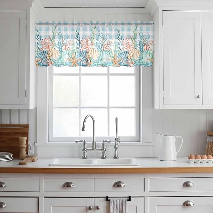 Summer Beach Sheer Valance Curtains, Ocean Colorful Coral Shell Seaweed Starfish Blue Plaid Light Filtering Kitchen Valances Rod Pocket Voile Curtain Treatment for Bedroom/Living Room/Basement 60Wx18L