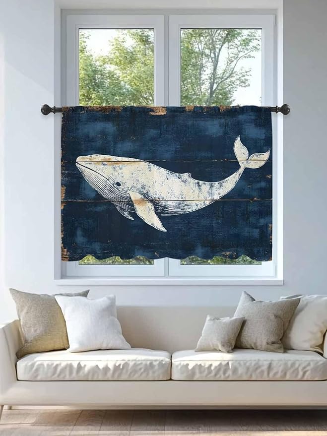 Sheer Curtains 54 Inch Length, Ocean Whale Blue Semi Sheer Curtains Light Filtering Window Treatment, Coastal Vintage Wooden Grain Privacy Voile Drapes for Living Room Bedroom 52x54 Inch