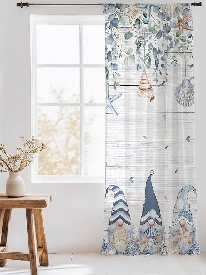 Sheer Curtains 96 Inches Long, Coastal Eucalyptus Leaf Semi Sheer Curtains Light Filtering Window Treatment, Ocean Blue Gnomes Starfish Wood Grain Privacy Voile Drapes for Living Room 52x96 Inch