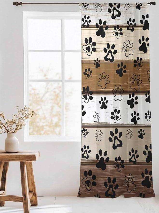 Sheer Curtains 108 Inches Long, Brown Beige Farmhouse Semi Sheer Curtains Light Filtering Window Treatment, Black Dog Paw Vintage Wooden Privacy Voile Drapes for Living Room Bedroom 52x108 Inch