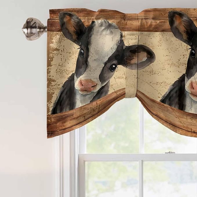 Farmhouse Cow Tie Up Valance Curtains for Windows, Kitchen Curtains Window Shades, Country Vintage Animals Wooden Grain Light Filtering Roman Curtain Valances for Bedroom/Bathroom/Cafe 60"x18"