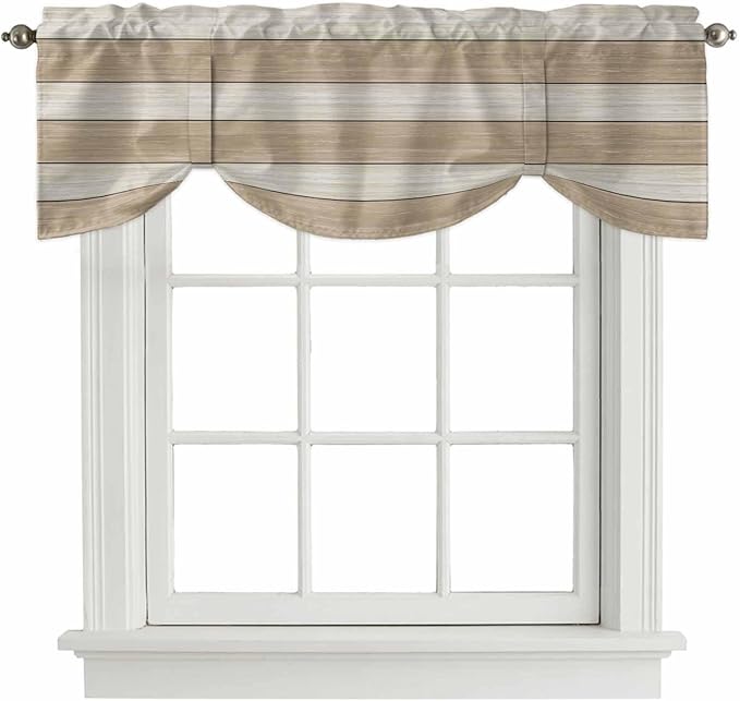 Brown Ombre Wooden Tie Up Valance Curtains for Windows, Kitchen Curtains Window Shades, Farmhouse Retro Khaki Wood Light Filtering Roman Curtain Valances for Bedroom/Bathroom/Cafe 54"x18"