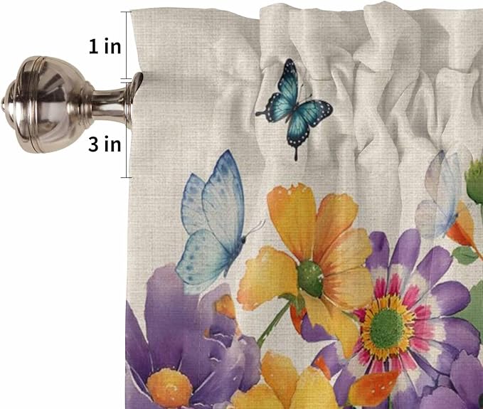 Spring Flowers Half Window Curtains 24 Inches Long, Farmhouse Vintage Country Colorful Floral Window Treatment Curtain Drapes, Short Curtains Tiers for Kitchen Over Sink, 27.5"x24", 2 Panels