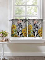 Farmhouse Half Window Curtains 24 Inches Long, Vintage Sunflowers Animals Printed Wood Grain Window Treatment Curtain Drapes, Short Curtains Tiers for Kitchen Over Sink, 27.5"x24", 2 Panels