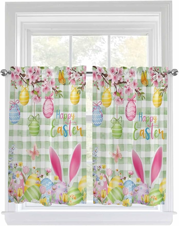 Happy Easter Tier Curtains 45 Inches Long, Spring Bunny Eggs Flower Sage Green Plaid Window Treatment Curtain Drapes, Window Half Privacy Curtains for Bedroom Bathroom, 42"x45", 2 Panels