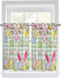 Happy Easter Tier Curtains 45 Inches Long, Spring Bunny Eggs Flower Sage Green Plaid Window Treatment Curtain Drapes, Window Half Privacy Curtains for Bedroom Bathroom, 42"x45", 2 Panels