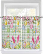 Happy Easter Kitchen Curtains 54 Inches Length, Spring Bunny Eggs Flower Sage Green Plaid Window Treatment Curtain Drapes, Thermal Insulated Drapes for Basement Hotel RV, 42"x54", 2 Panels