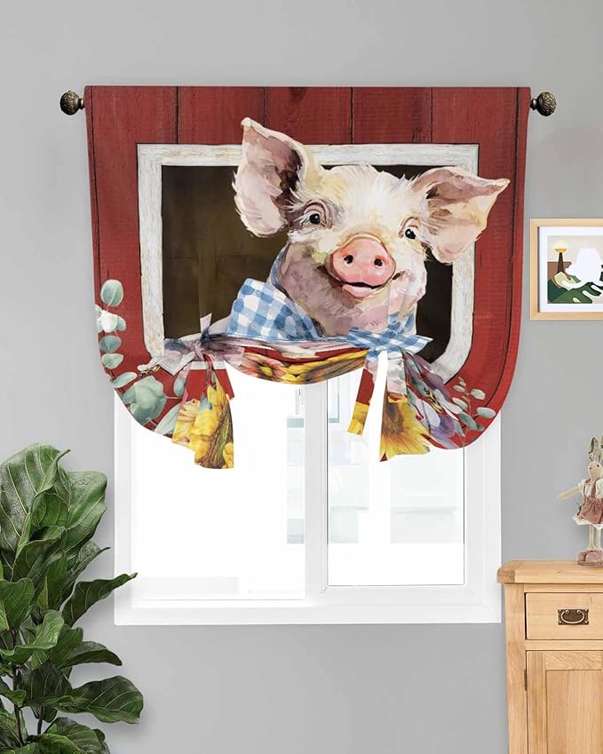 Tie Up Curtains for Windows, Pig Sunflowers Adjustable Balloon Nature Linen Textured Kitchen Curtain, Eucalyptus Leaves Floral Bees Red Barn Thermal Insulated Curtains for Window, 42" x 54"