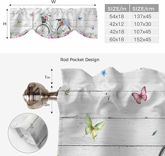 Spring Tie Up Valance Curtains for Windows, Kitchen Curtains Window Shades, Bicycles Botanical Rose Leaves Butterfly Wood Grain Light Filtering Roman Curtain Valances for Bedroom/Bathroom/Cafe 42"x12"
