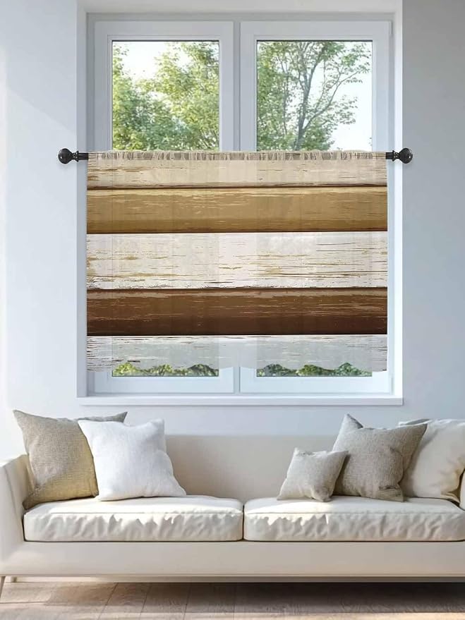 Sheer Curtains 45 Inch Length, Wood Grain Brown Semi Sheer Curtains Light Filtering Window Treatment, Farmhouse Vintage Country Geometric Privacy Voile Drapes for Living Room Bedroom 52x45 Inch