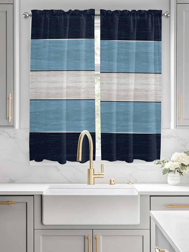 Vintage Country Woodcuts Window Valance Curtains, Blue Gradient Striped Light Filtering Kitchen Valance with 3-inch Rod Pocket for Living Room Bathroom Bedroom,2 Panel,52x72In