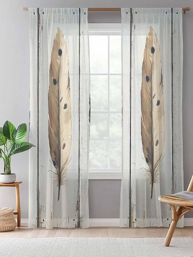 Sheer Curtains 108 Inches Long, Farmhouse Feather Semi Sheer Curtains Light Filtering Window Treatment, Watercolor Vintage Wooden Grain Privacy Voile Drapes for Living Room Bedroom 52x108 Inch