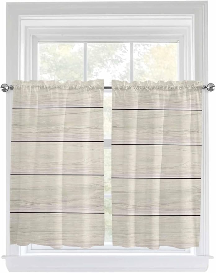 Vintage Country Wooden Board Window Valance Curtains, Gradient Wood Grain Line Light Filtering Kitchen Valance with 3-inch Rod Pocket for Living Room Bathroom Bedroom,2 Panel,52x45In