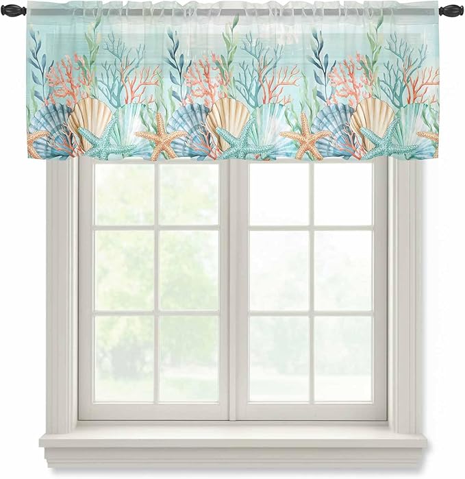 Summer Beach Sheer Valance Curtains, Green Ocean Colorful Coral Shell Seaweed Starfish Light Filtering Kitchen Valances Rod Pocket Voile Curtain Treatment for Bedroom/Living Room/Basement 42Wx18L