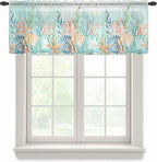 Summer Beach Sheer Valance Curtains, Green Ocean Colorful Coral Shell Seaweed Starfish Light Filtering Kitchen Valances Rod Pocket Voile Curtain Treatment for Bedroom/Living Room/Basement 54Wx18L