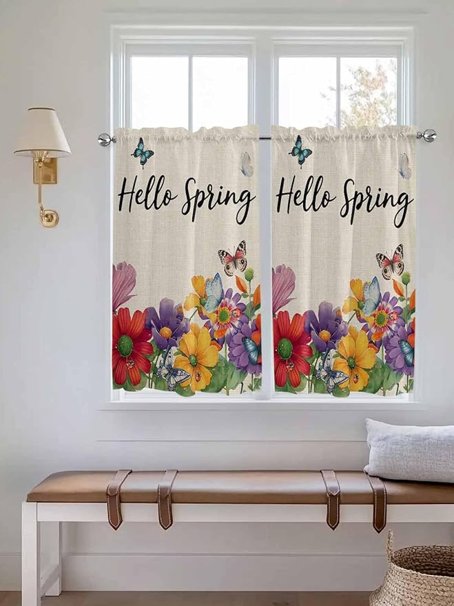 Spring Flowers Kitchen Curtains 54 Inches length, Farmhouse Vintage Country Colorful Floral Window Treatment Curtain Drapes, Thermal Insulated Drapes for Basement Hotel RV, 42"x54", 2 Panels