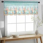 Summer Beach Sheer Valance Curtains, Green Ocean Colorful Coral Shell Seaweed Starfish Sandy Light Filtering Kitchen Valances Rod Pocket Voile Curtain for Bedroom/Living Room/Basement 42Wx18L
